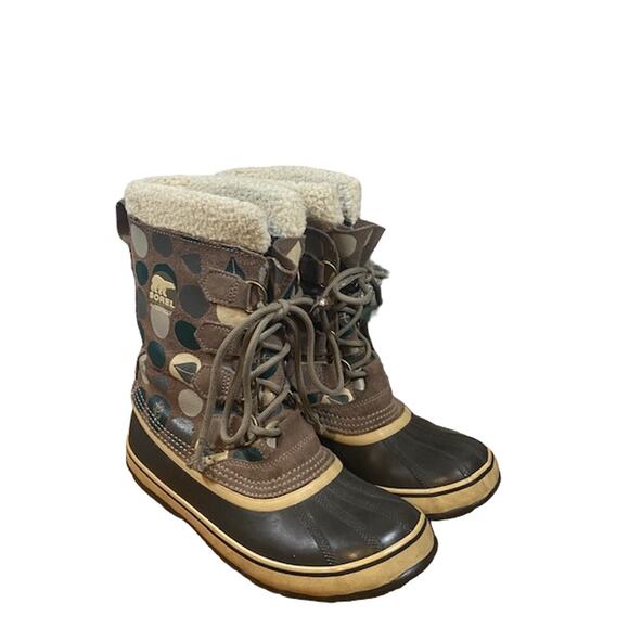 Sorel Pac Tan Graphic Lace Up Fur Trim Winter Snow Boots Women Sz 8 - Picture 1 of 15